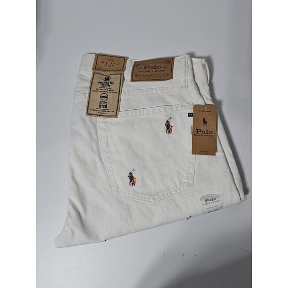 Polo Ralph Lauren 35x32 White The Sullivan Slim All Over Pony Denim Jeans NWT - Picture 2 of 13